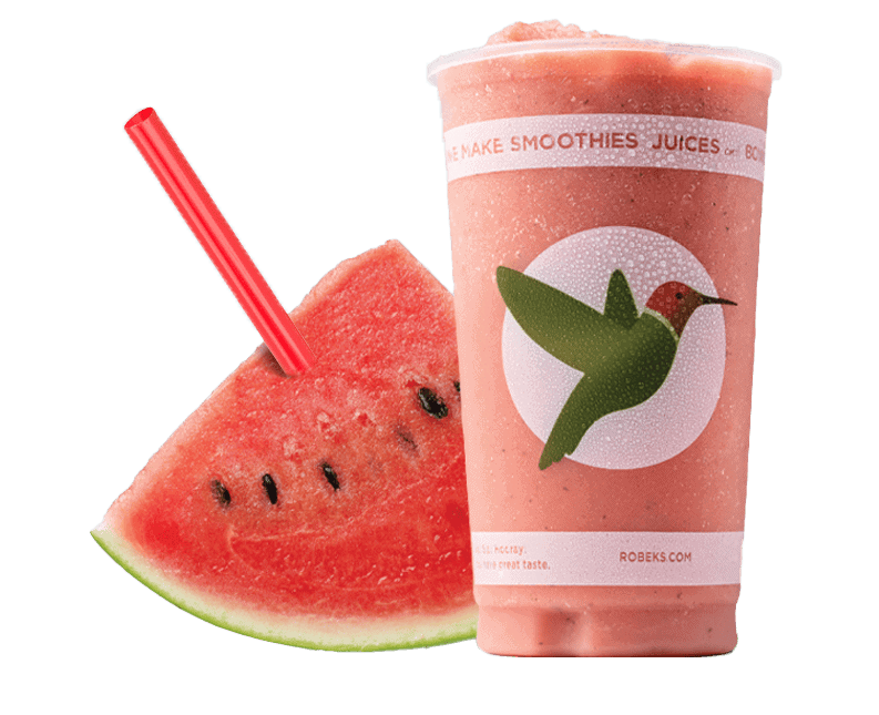 pink juice in robeks cup and watermelon slice